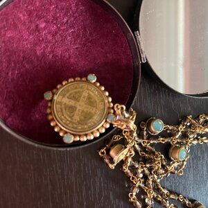 Virgins Saints and Angels 3 tiered necklace with little silver mirrored box.